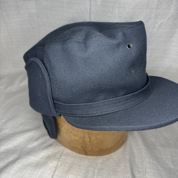 VINTAGE Swedish Army Blue Gray Wool Winter Hat Size 60 SVEA Military Ear Flaps - Picture 1 of 11